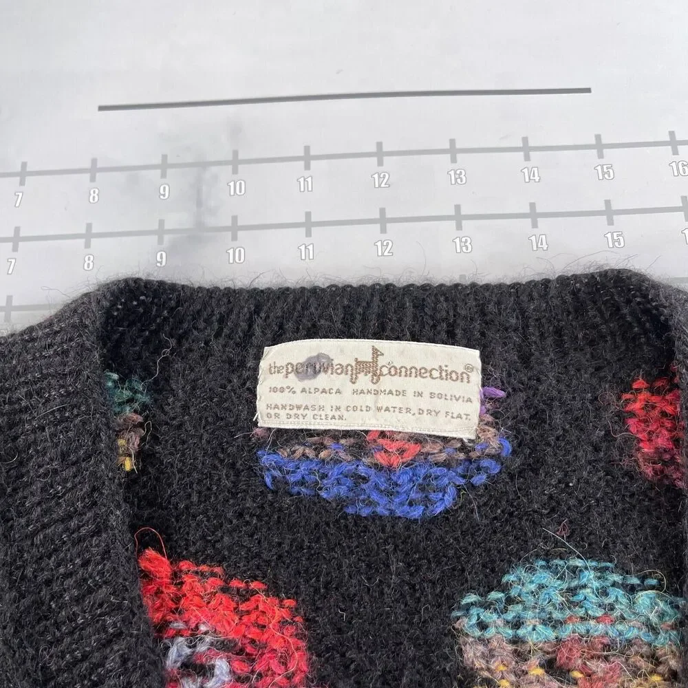 Vintage Peruvian Connection Sweater Womens Extra Large Black Pastel Floral - Picture 2 of 14